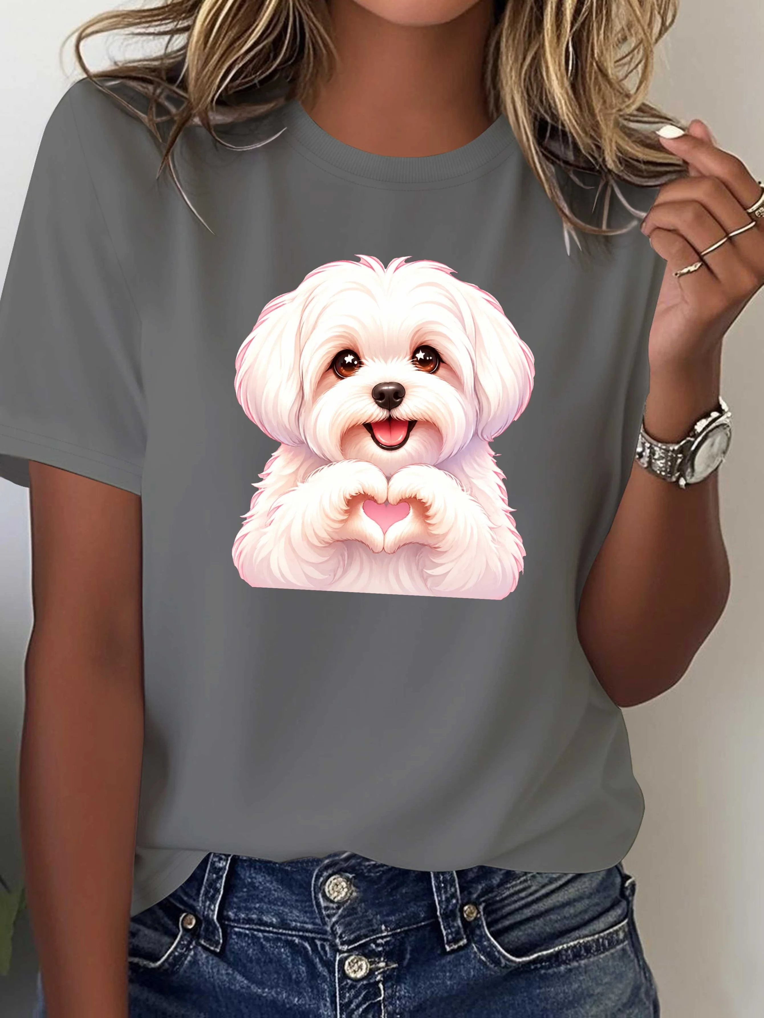 Fluffy Maltese Dog Dog Personalized Pattern Women's Elegant Style Round Neck Women's Comfortable New Fashionable Fun T-shirt