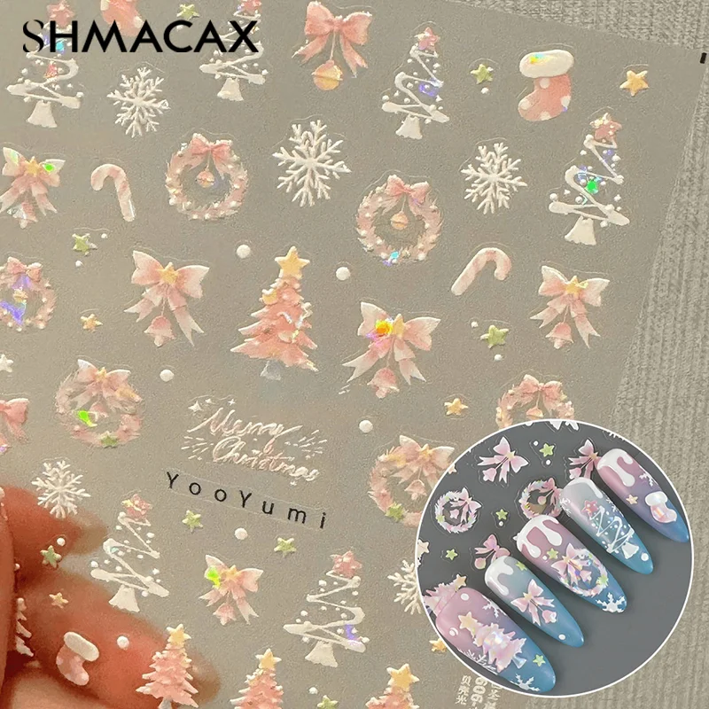 Christmas Nail Stickers Shiny Seashells Light Nail Art Parts Stickers Cute Snowflakes Star Wreath Nail Decorations Decals