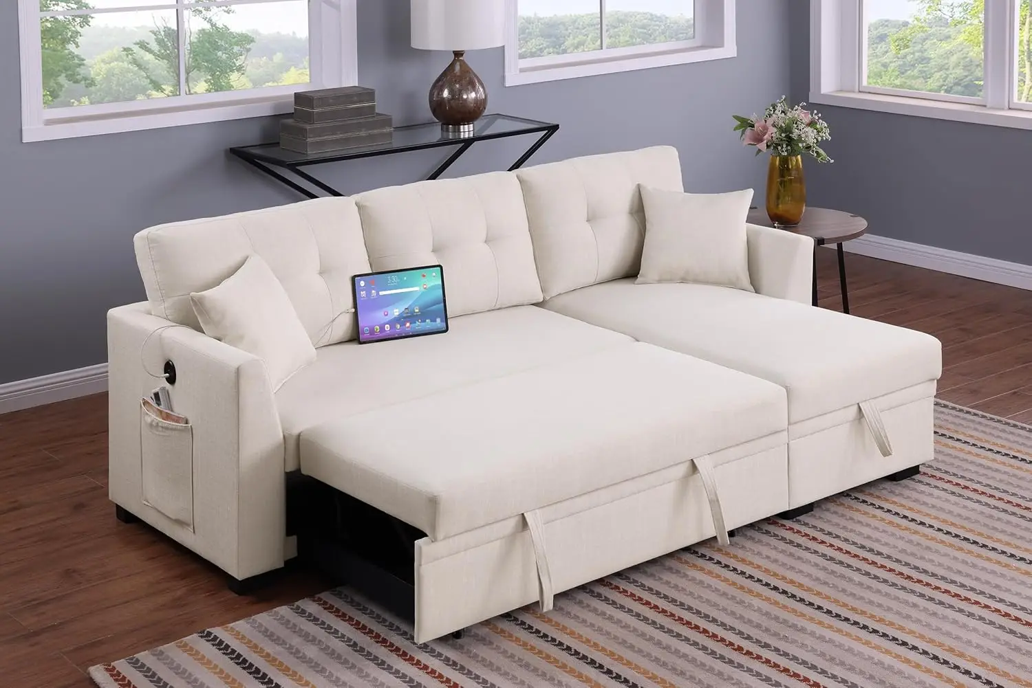 Eafurn Pull Out Sleeper Sectional Sofa Couch Bed - L Shaped Convertible Corner Lounge Sofa&Couch With Reversible Chaise &