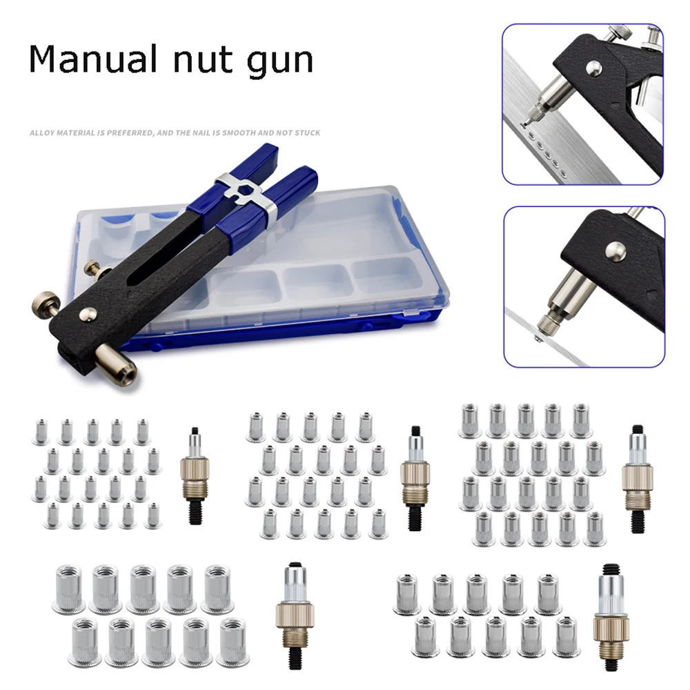 Juego de herramientas para tuercas de remache, 86 Uds., llave de inserción roscada, pistola para tuercas de remache con surtido de tuercas de remache métricas, tuerca de remache ciego, remache manual