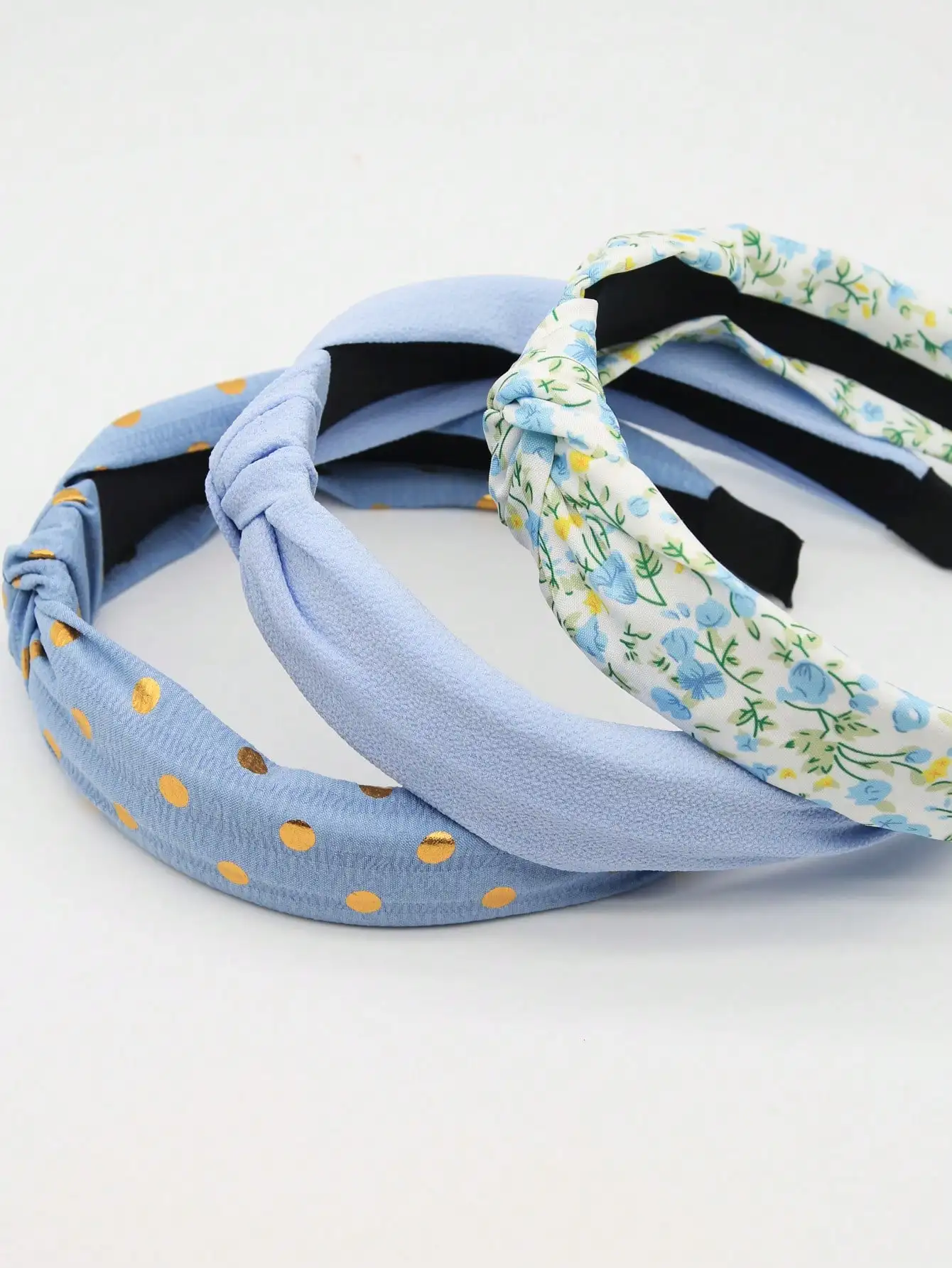 

3pcs Blue Fabric Headbands With Floral And Polka Dot Patterns, Knotted Design, Non-Slip Hair Accessories For Women