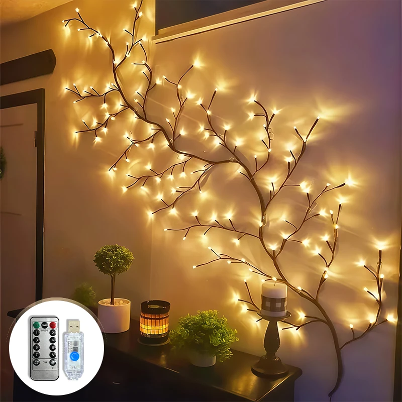USB Rattan Branch Lights 1.1M48LED-2.8M160LED Warm White Twig Lamp 8 Modes Remote Control For Bedroom Window Party Holiday Decor