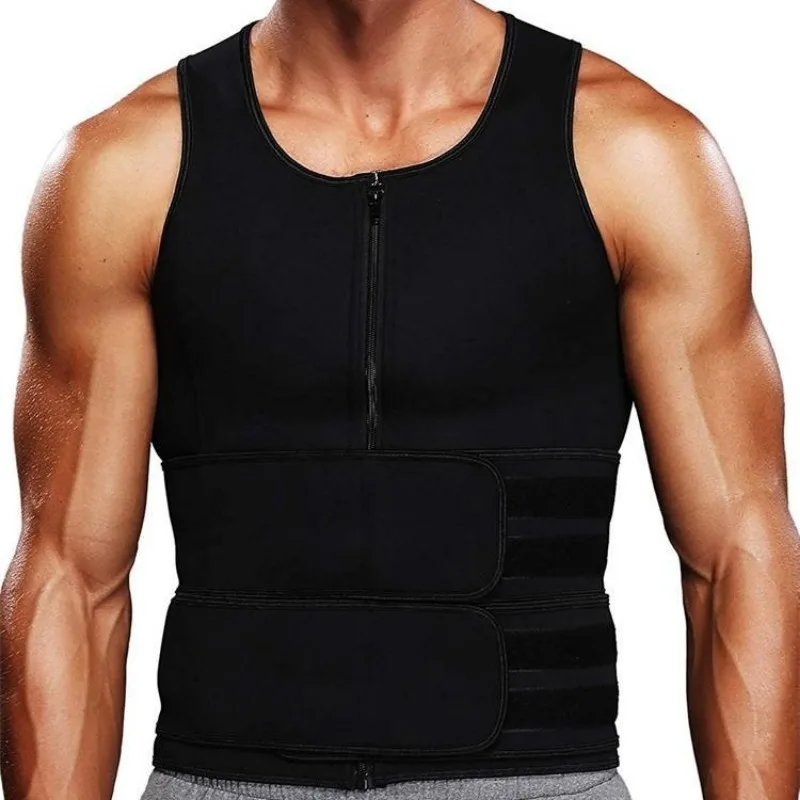 Ropa moldeadora de cuerpo atlético para hombre, chaleco tipo túnica de neopreno, corsé para gimnasio, chaleco con doble cinturón, cárdigan gris con cremallera, ropa de gimnasio