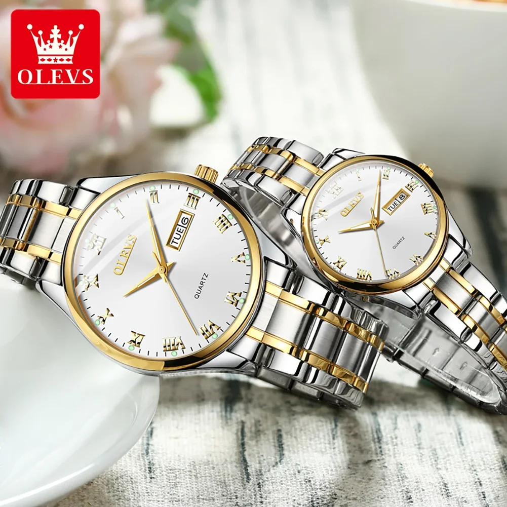 OLEVS-Montre-bracelet à quartz étanche pour couple, montres à la mode, coffret cadeau, date, semaine, double calendrier, cadran, HD Shoous, amoureux, décontracté