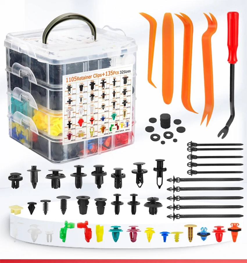 1240Pcs Universal Car Retainer Clips Kit, Auto Plastic Push Rivet Fastener with 135pcsTrim Removal Tool & Cable Ties for Bumper