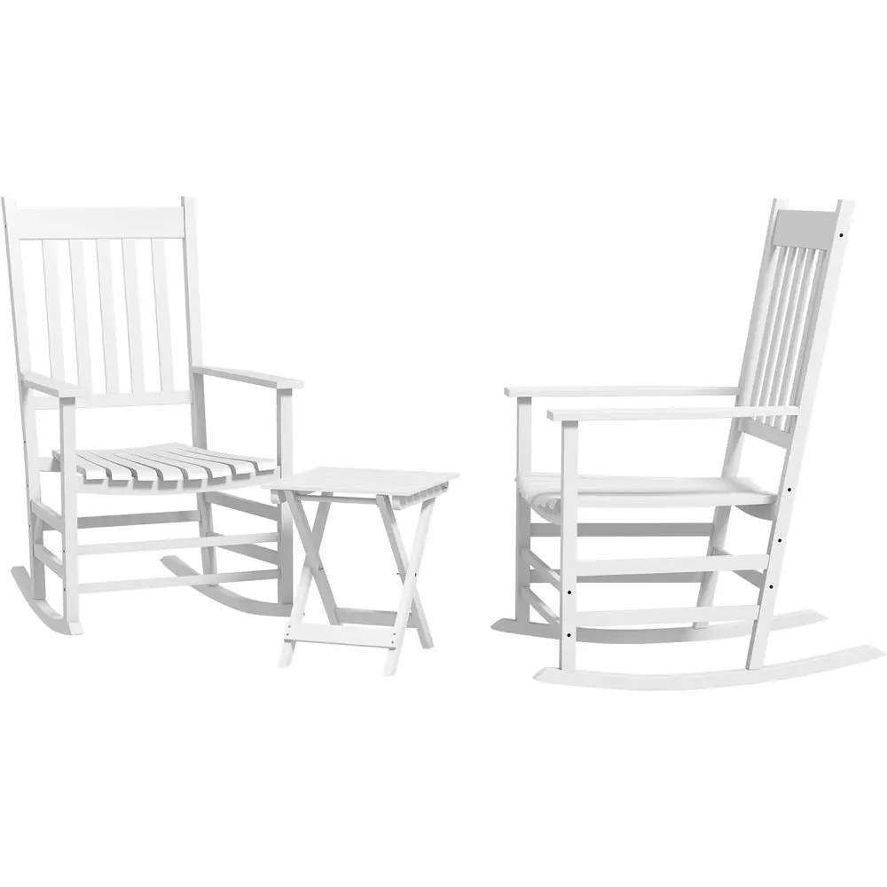 

White Wooden Patio Rocking Chairs Set of 2 with Side Table, High-Back Garden Seating, Supports 352 lbs