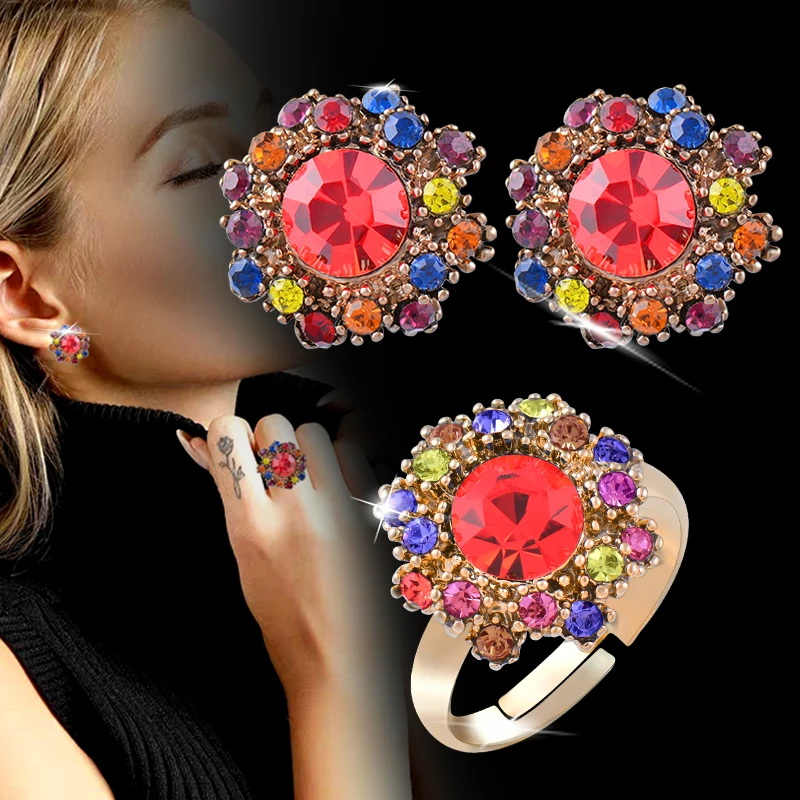 LEEKER Vintage Crystal Flower Ring And Stud Earrings For Women Red Blue Gray Color Stones Wedding Jewelry Sets LK3