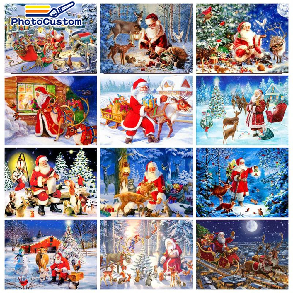 

PhotoCustom Santa Claus DIY Oil Painting By Numbers Christmas Landscape HandPainted Acrylic Paint For Adults Kit Home Wall Art D