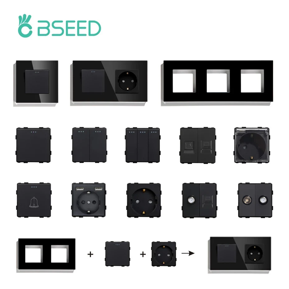 BSEED Wall Light Switches Module Parts Glass Frames Black USB Sockets Function DIY EU CAT5 TV Sockets ST TEL Power Outlet Parts