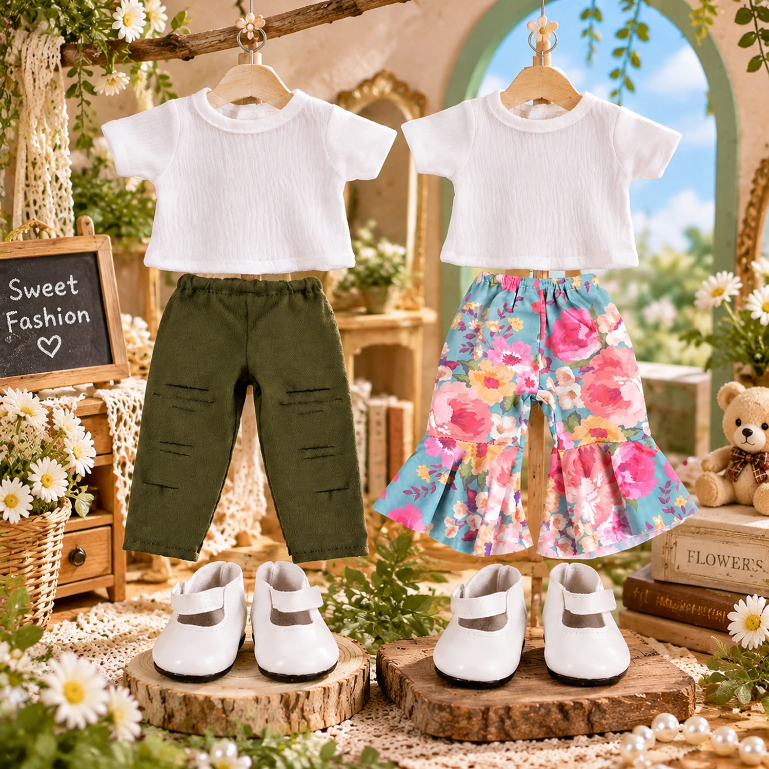 Doll Clothes Short Sleeve Top Cargo Pants Flare Pants & 2 Shoes Fashion Accessories for 18