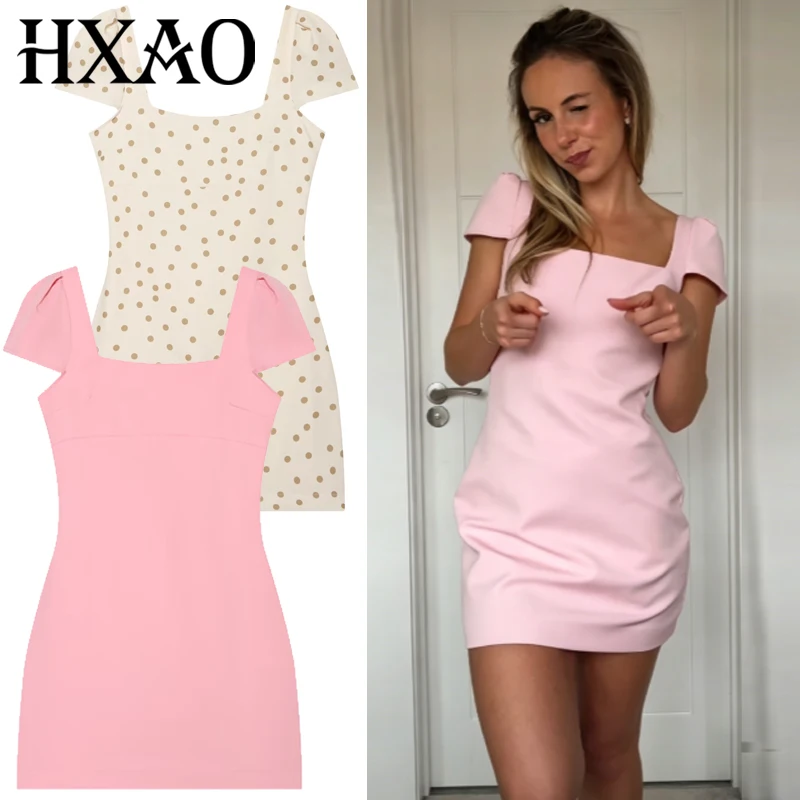HXAO Mini Polka Dot Kleid Damenkleid Sommer 2026 Süßes Bodycon Rückenfreies Kurzarm-Kleid für Damen Elegantes Urlaubskleid