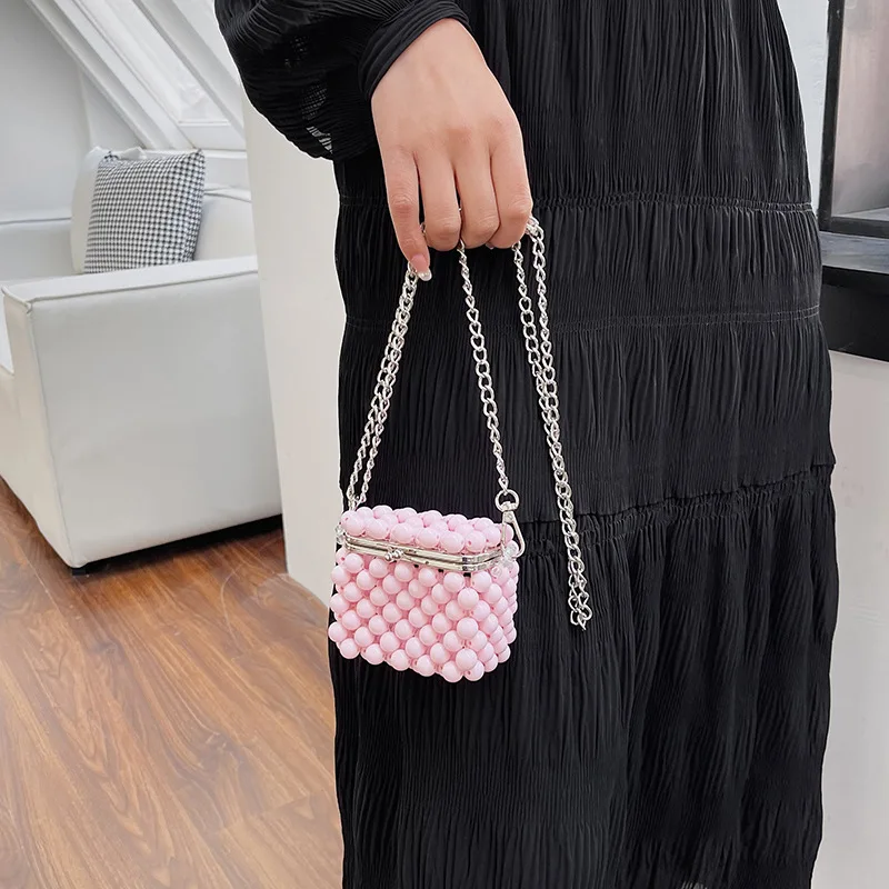 Elegant Clip Bag Women Handmade Pearl Beads Handbag Lady Fashion Summer Beach Vacation Square Mini Shoulder Crossbody Bags