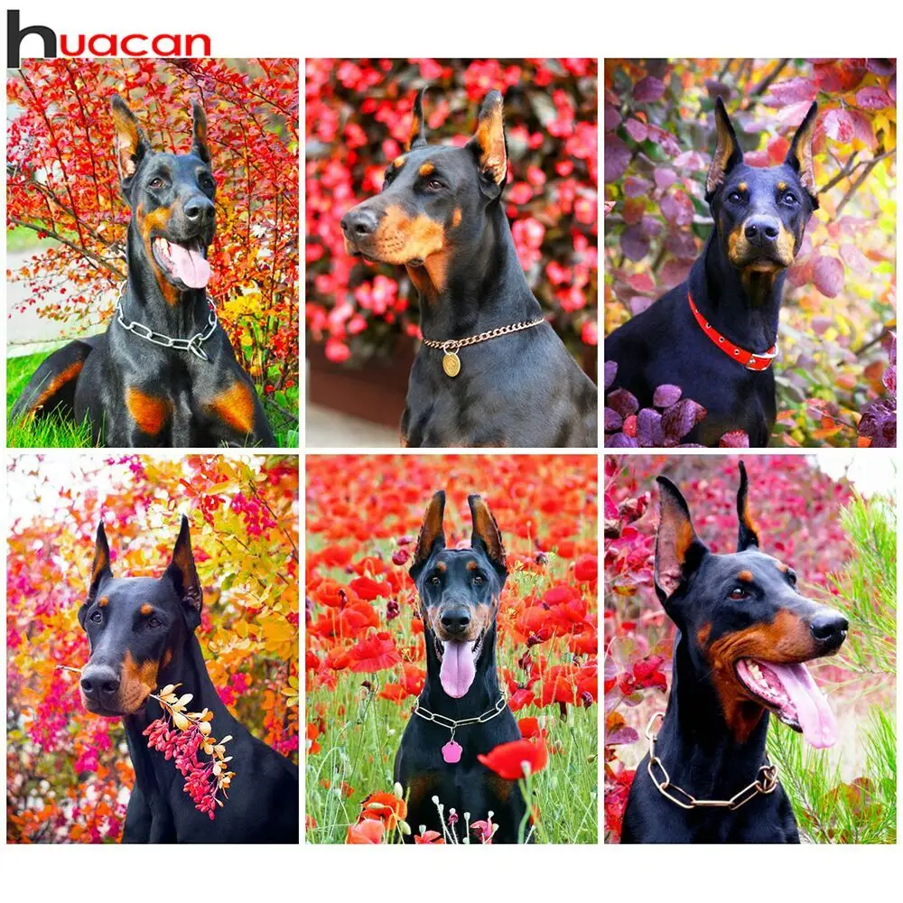 Huacan Diamond Painting Full Drill Doberman Dog Wall Sticker Diamond Embroidery Animal Flower Tree Mosaic Decor Home