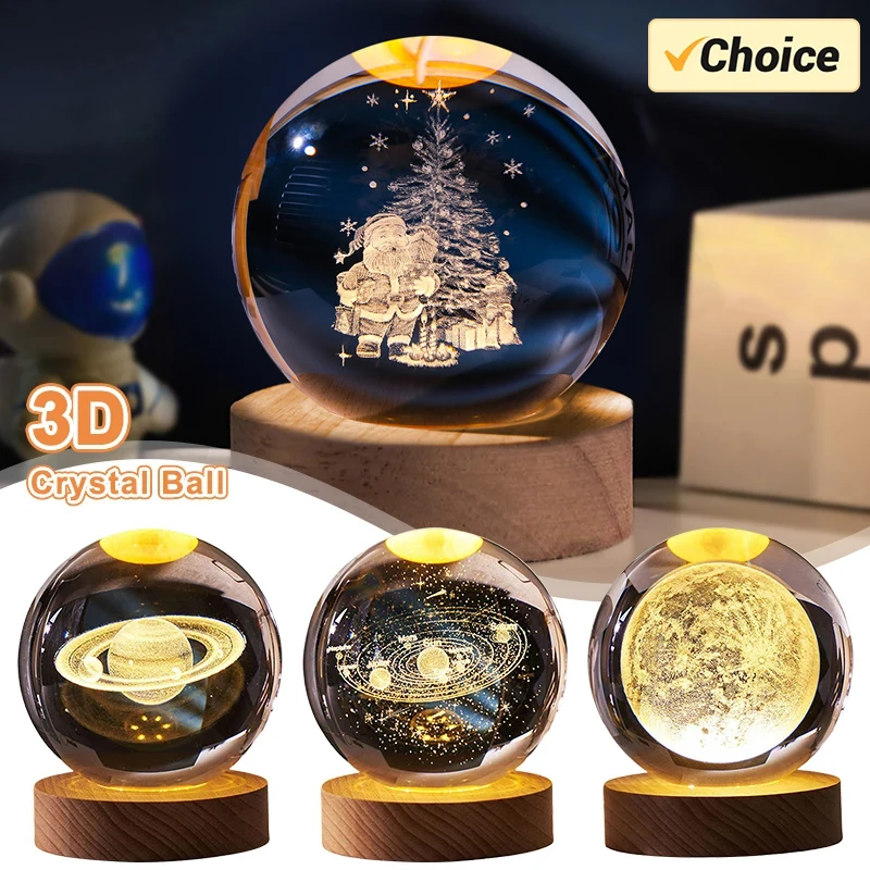 Luminous Crystal Ball LED Night Light Saturn Solar System 3D Moon Table Lamp USB Bedroom Atmosphere Lamp for Birthday Kid Gift