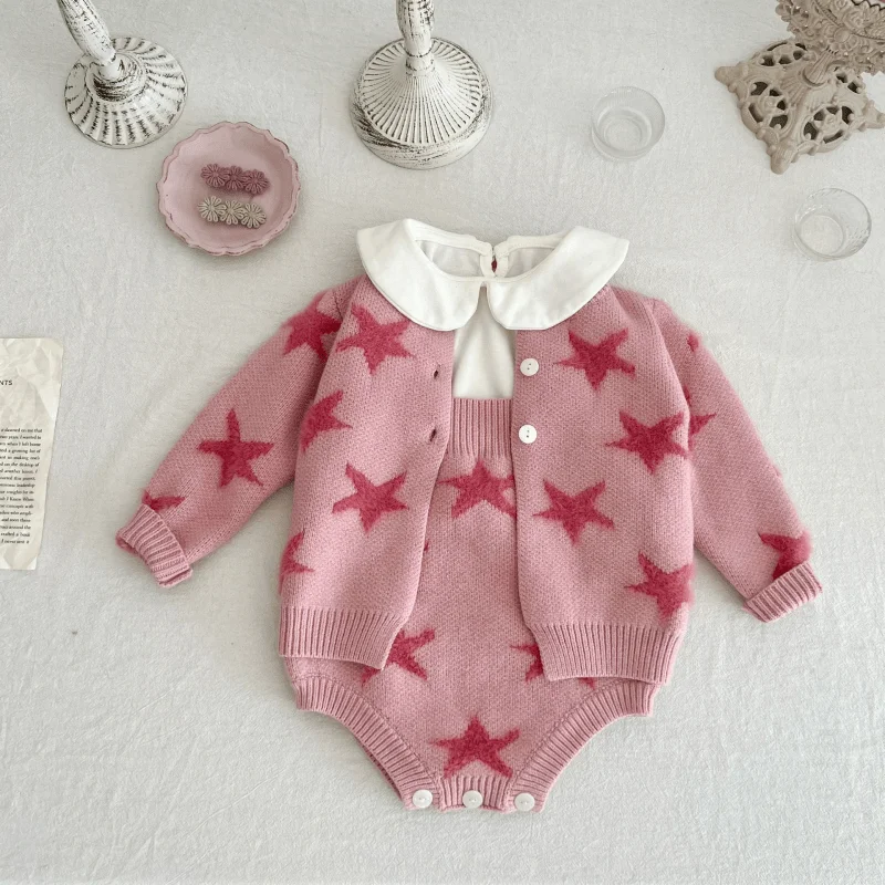 Newborn Baby Girl Star Cotton Suspender Romper Infant Toddler Child Coat Casual Solid Color Cardigan Baby Clothes 3M-2Y