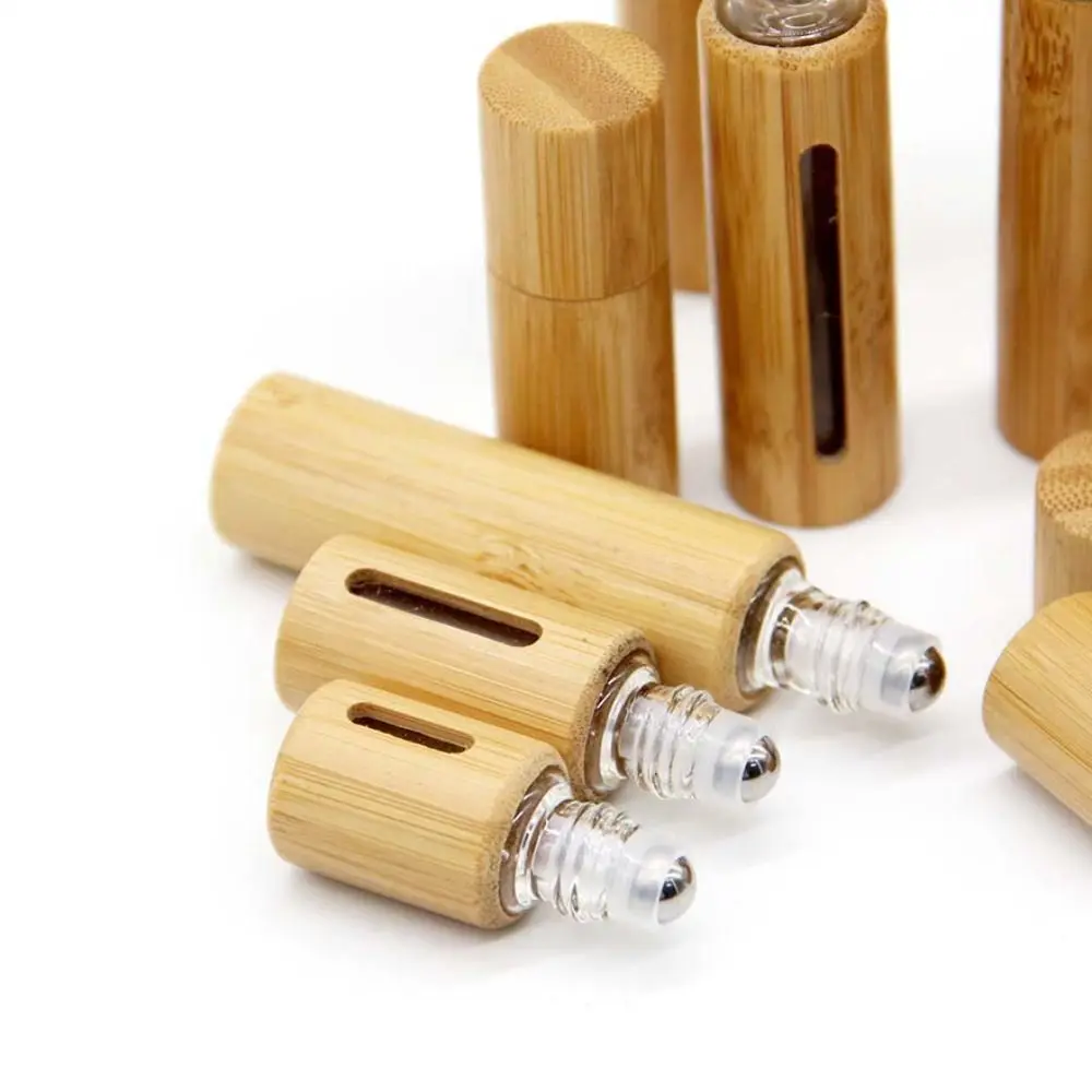 3/5/10ml Bamboo Perfume Bottle Empty Tube Bottom Filling Essential Oil Roller Bottle Refillable Bottles Steel Roller Ball