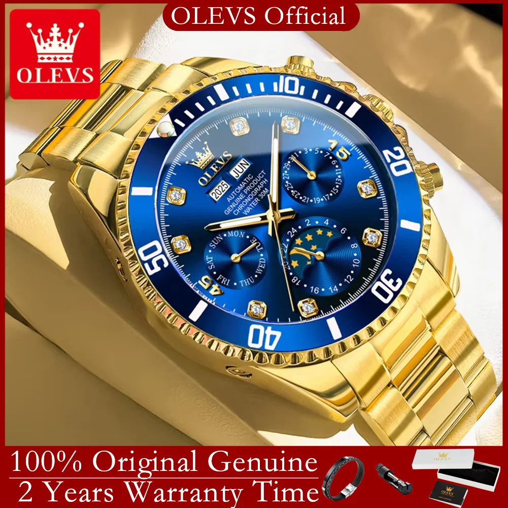 

OLEVS 6729 Автоматические мужские часы, лучший люксовый бренд, оригинальные механические наручные часы, фаза Луны, календарь недели, водонепроницаемые мужские часы
