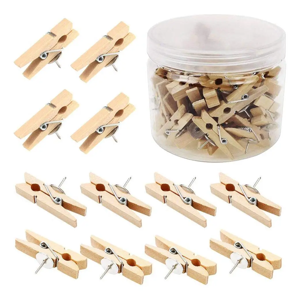Wooden Clips Decorative Paper Artworks Photo Push Pins Peg with Thumbtacks Pins Bulletin Supplies Clamp
