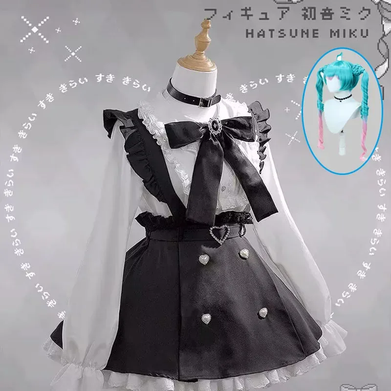 ミクファッション-キュートな黒ストラップドレス-白蝶ネクタイシャツスーツ-アニメ-ボーカロイド-ミーンズ-コスプレ-ロリータ-プリンセスドレス-ハロウィンパーティー