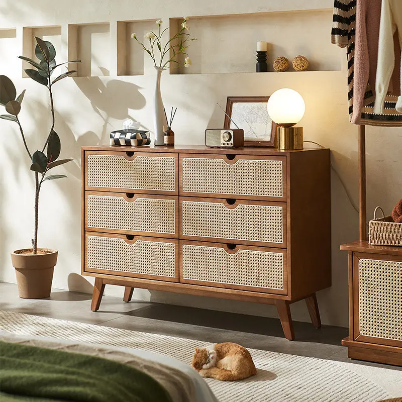 Nordic style solid wood rattan four five six chest cabinet simple modern side cabinet drawer storage Japanese-style entrance cab