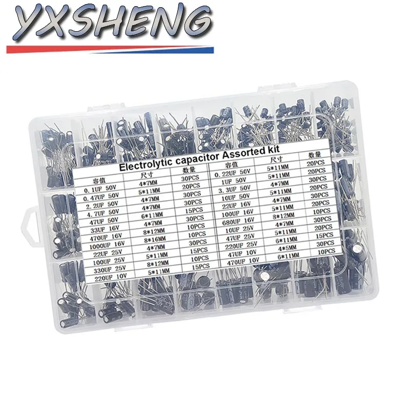 500PCS/Set With Box 0.1UF-1000UF 24Values Aluminum Electrolytic Capacitors 10-50V Mix Electrolytic Capacitor Assorted Kit