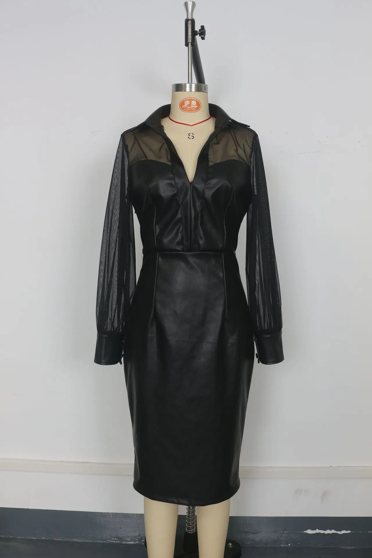 

Sexy Slim Midi Dresses Women PU Leather Mesh Patchwork Long Sleeve V-neck Package Hip Bodycon Dress Streetwear Hot Girl Vestidos