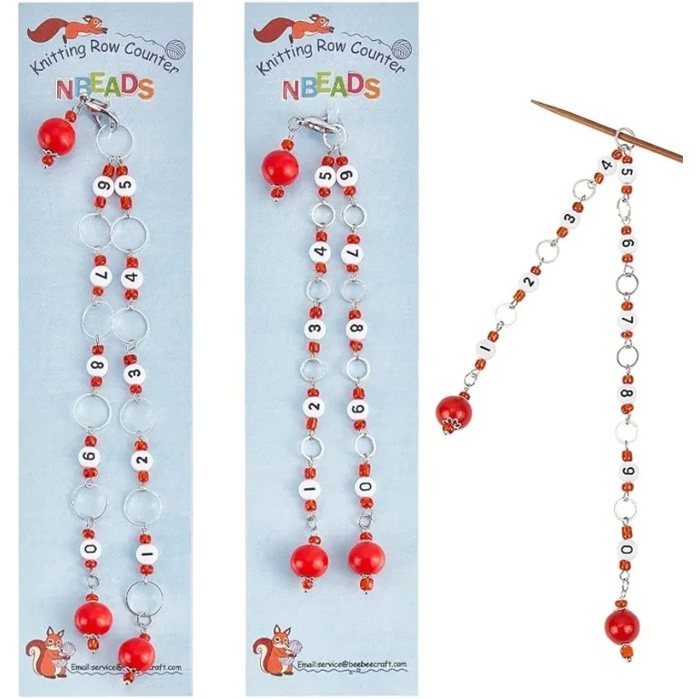 2Pcs 2 Sizes Red Wood Beads Pendant Knitting Row Counter Chains Opaque Acrylic Number Bead Row Counter Chains for Knitting