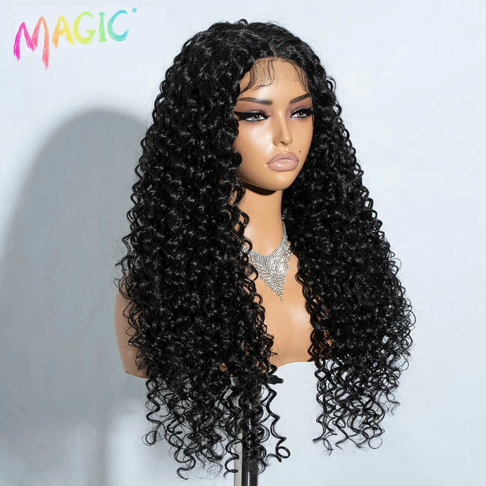 Magic-Perruque synthétique longue bouclée pour femmes noires, cheveux de bébé ombrés, perruques vidéo blondes, cosplay, devant en dentelle, 30 po