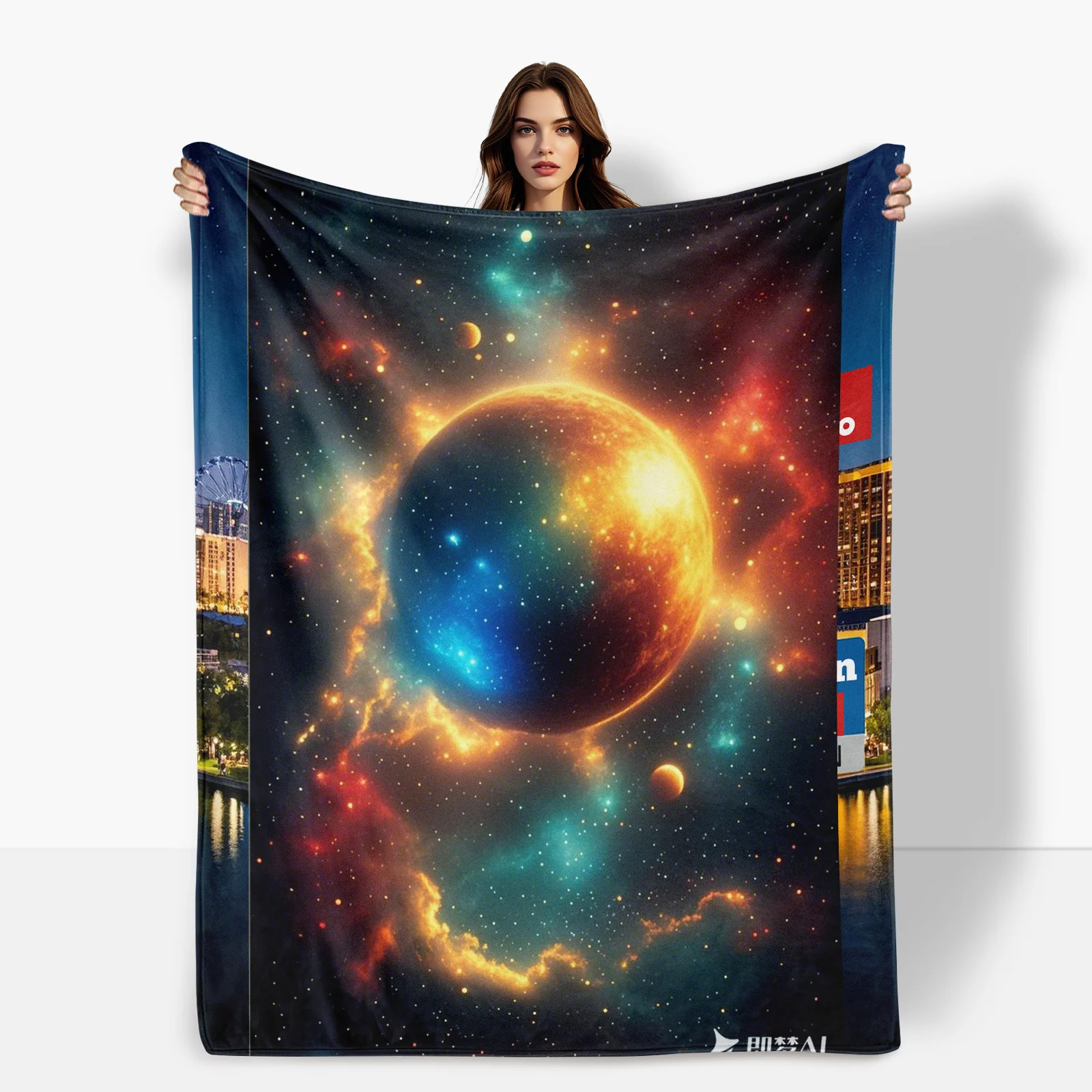 Dreamy Moon And Galaxy Themed Blanket With Red Orange Starry Sky Design For Unique And Celestial Home Decor