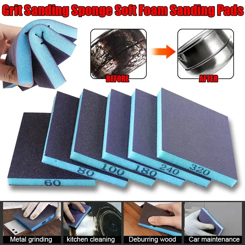 

6 шт., набор шлифовальных губок, зернистость 60-320, моющиеся многоразовые влажные и сухие блоки для полировки дерева, металла, стекла, мебели