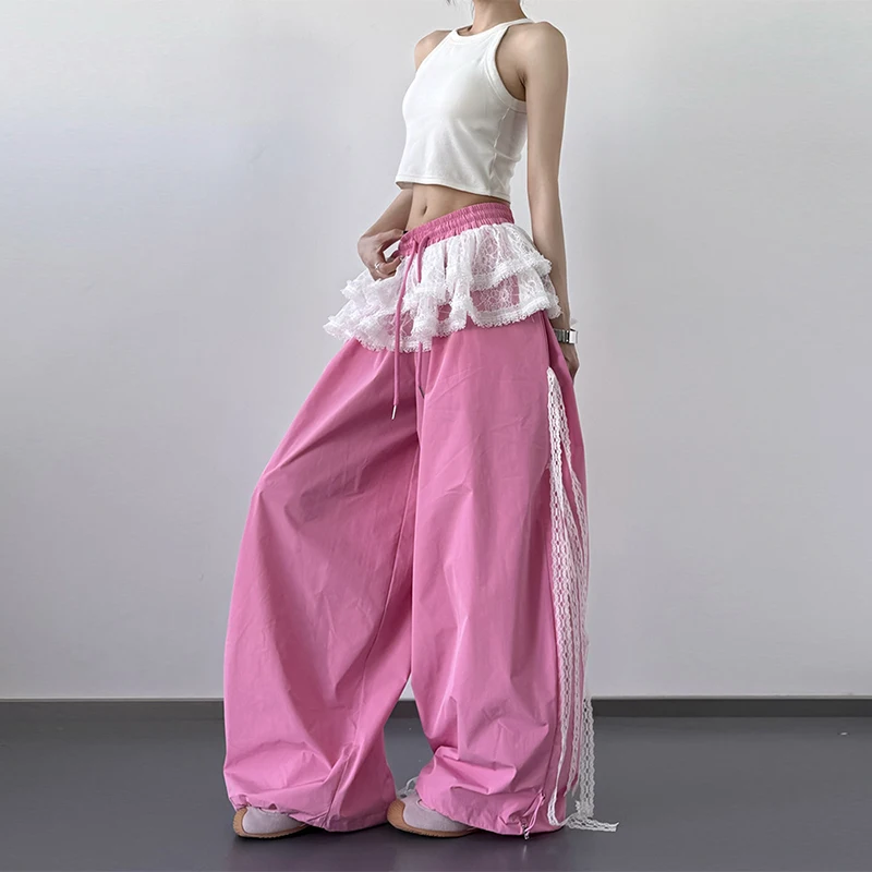 

Women High-end Spliced ​​lace Pants Y2K Sports Casual Pants Oversized Harajuku Niche Design Contrasting Color Loose Trousers
