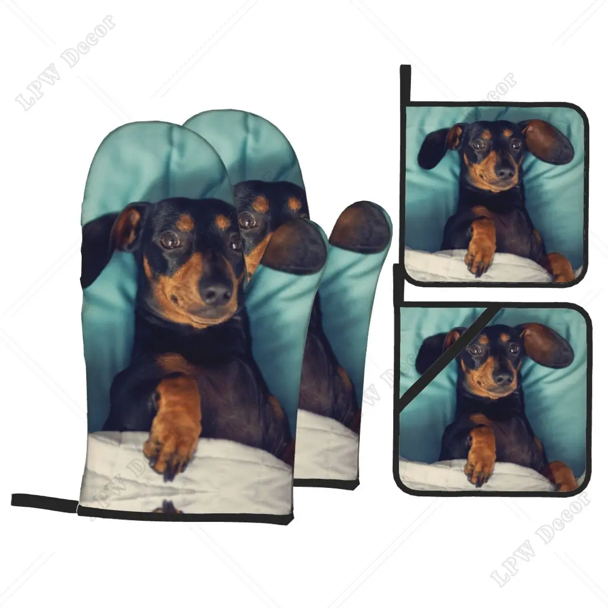 Dachshund Oven Mitts and Pot Holders for Kitchen 4pcs Sets Badger Sausage the Wiener Heat Resistant Cooking Baking BBQ Gloves