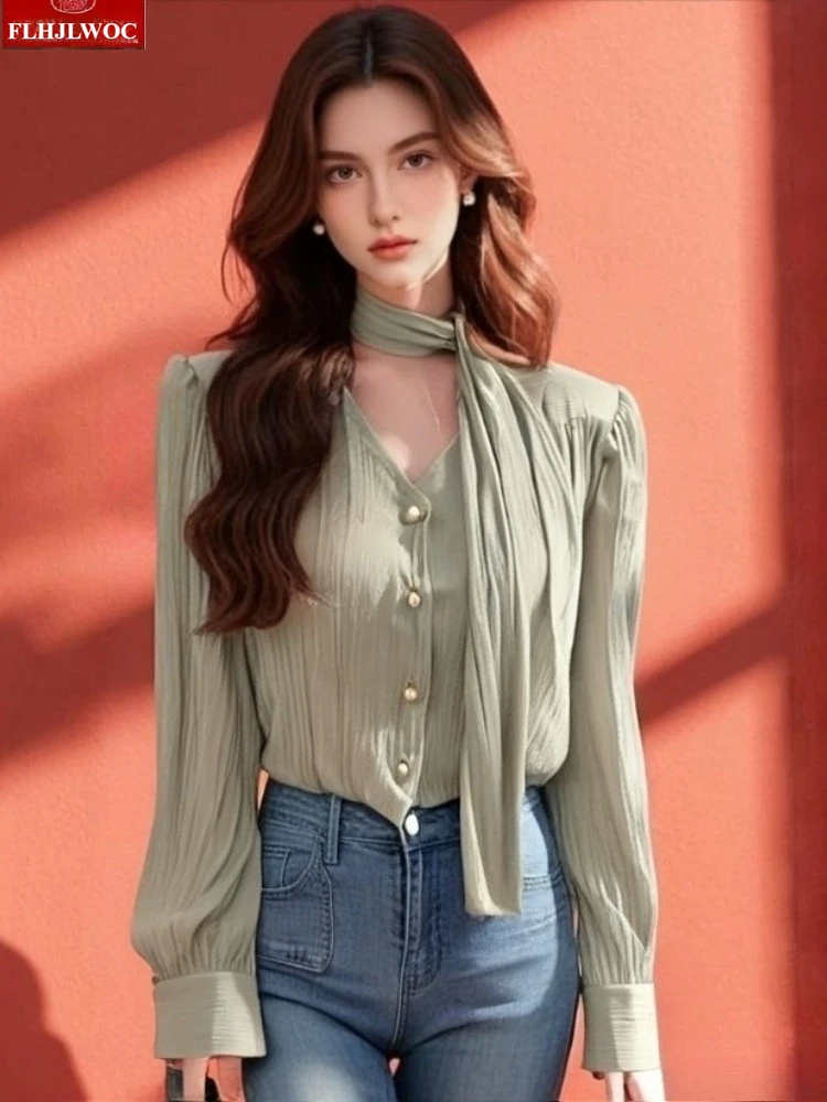 Hot Sales Bow Tie Tops Women Korean Style Design Clothes Long Sleeve Elegant Office Lady Cute Ribbon Sweet Basic Shirts Blouses