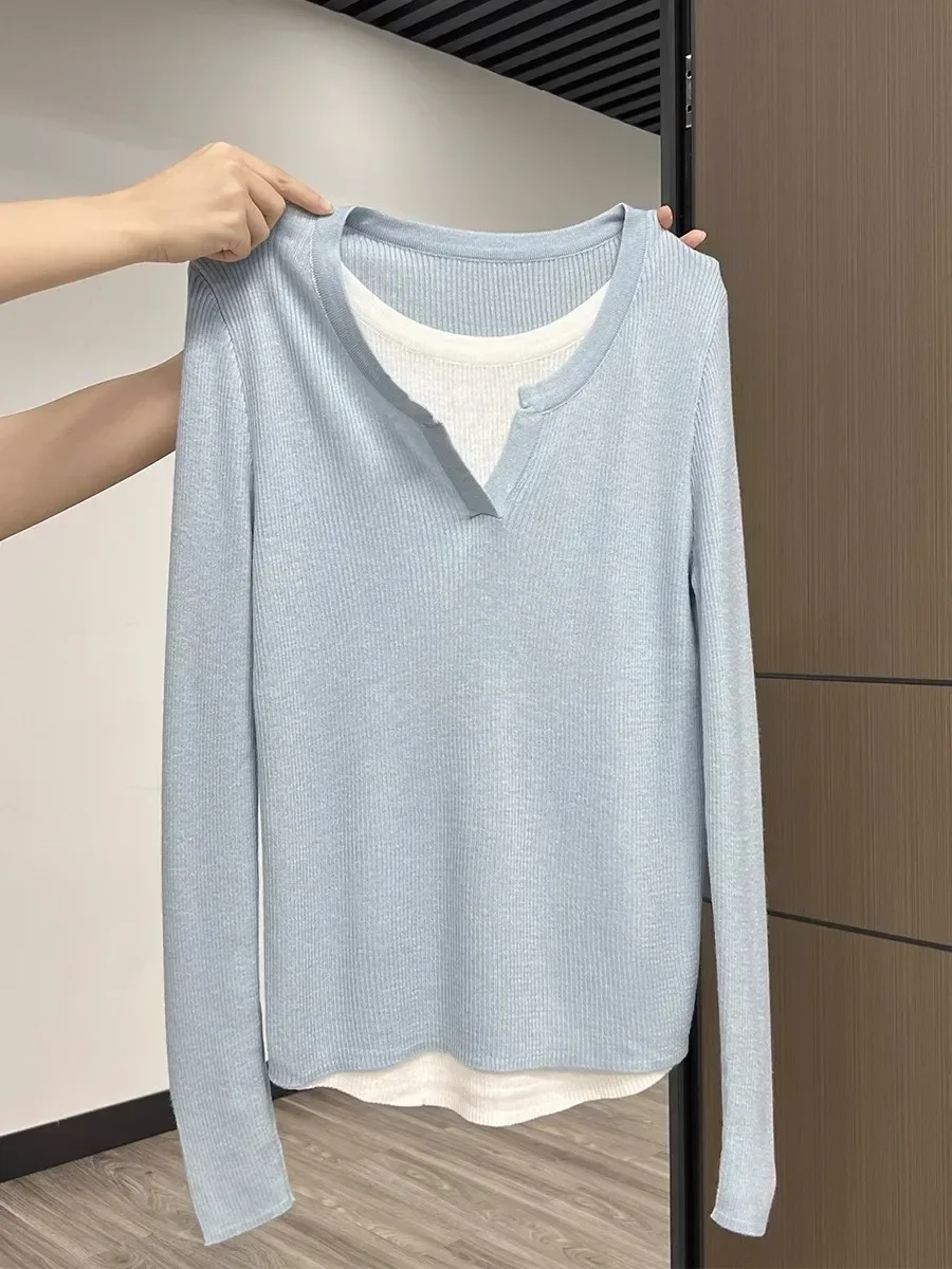 

Y2K Blue Patchwork Knit Shirt for Women, Long Sleeve Irregular Vintage Top Aesthetic Clothes