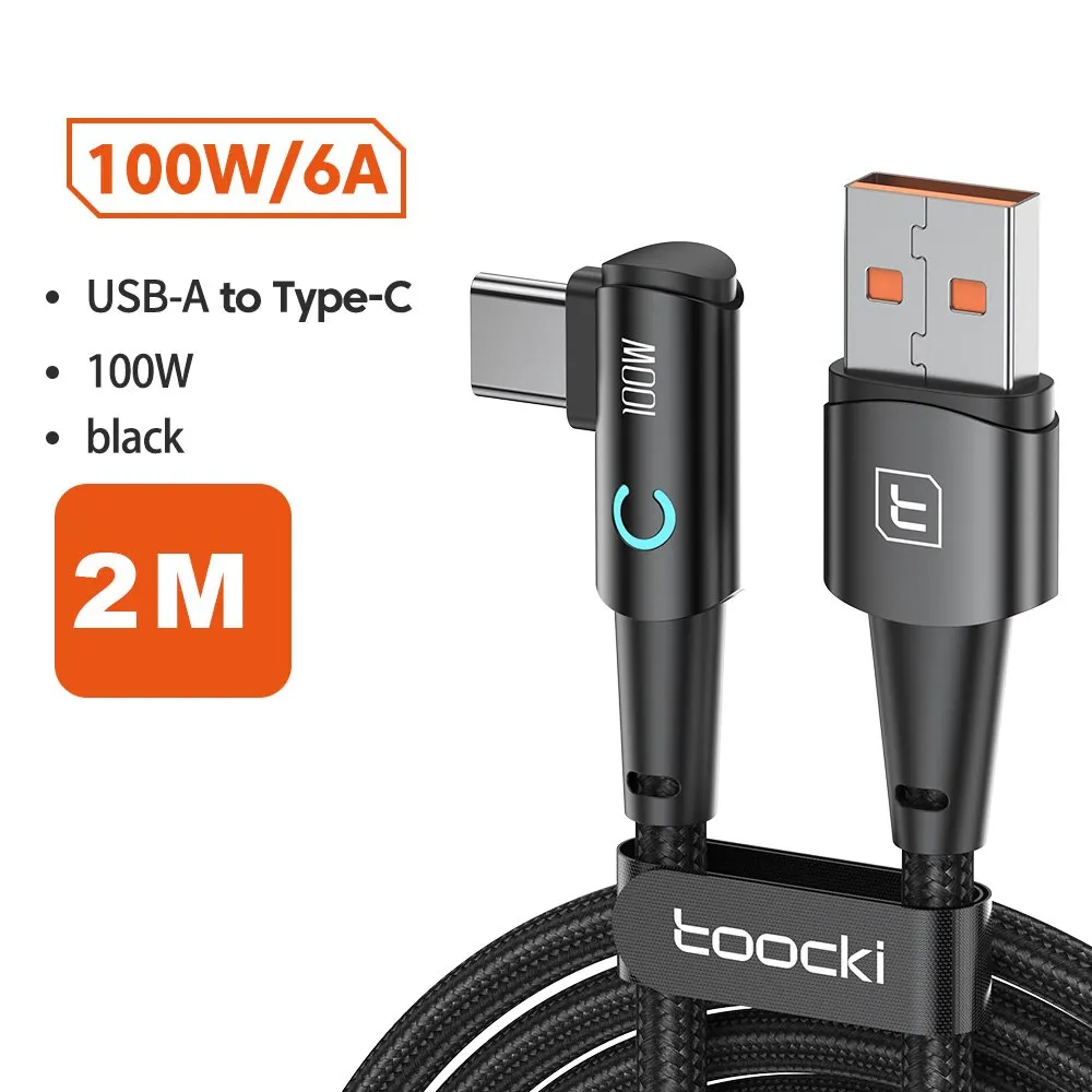 USB-кабель Toocki 6A с угловым разъемом 90° для быстрой зарядки 100W — фото товара