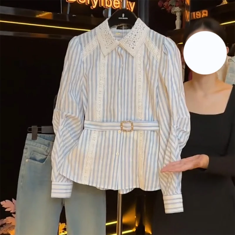 

Temperament Blue Striped Shirt 2025 Autumn Fashion Lace Splicing Long Sleeev Top Women's Large Size Lapel Versatile Blouse