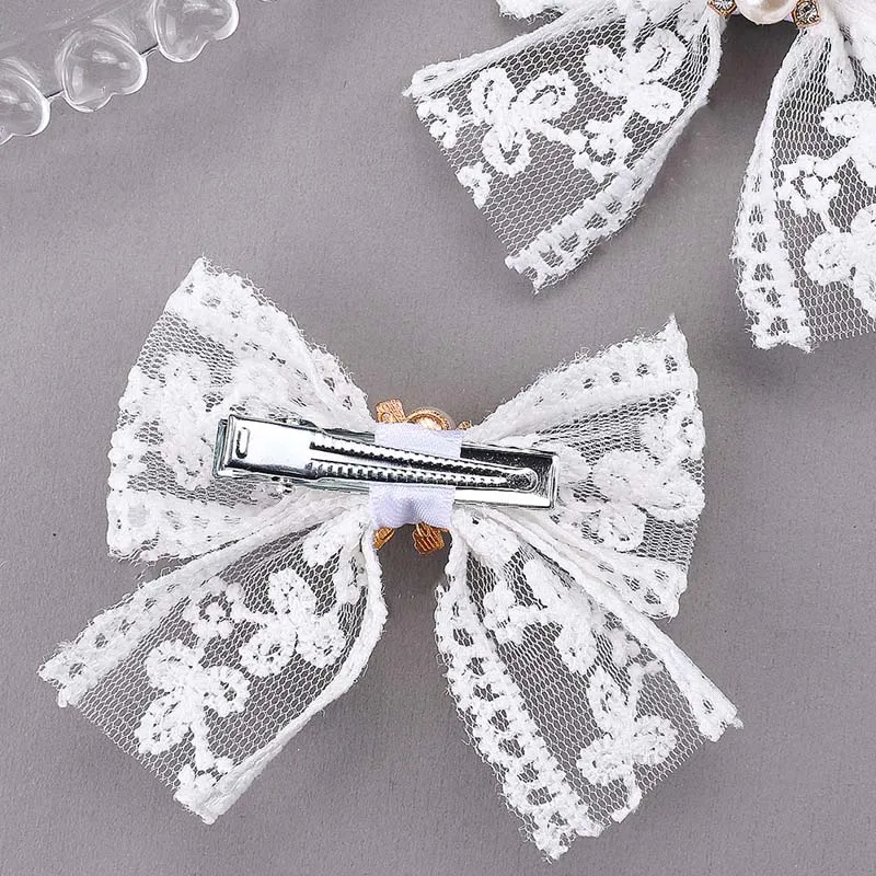 Oaoleer 2Pcs Lace Pearl Bow Hairpins For Kids Girls Cute Embroidery Flower Rhinestone Hairpin Baby Headdress Hair Accessories