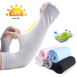 Manga de seda de hielo para hombre y mujer, protector solar para brazo, protección solar UV, antideslizante, guantes de verano para montar al aire libre, 2 piezas