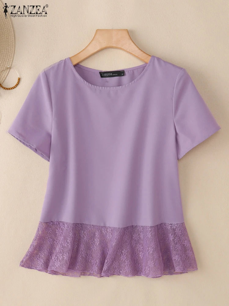 

ZANZEA, летние модные кружевные футболки с тюлевым подолом, женские элегантные однотонные футболки с круглым вырезом и короткими рукавами, повседневная повседневная одежда, топы для поездок на работу