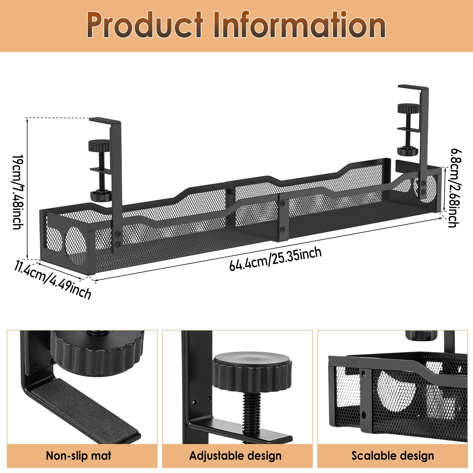 Under Desk Cable Management Tray No Drill Clamp Power Strip Organizer Extra Long Metal Cable Storage Home Office Gaming Desk