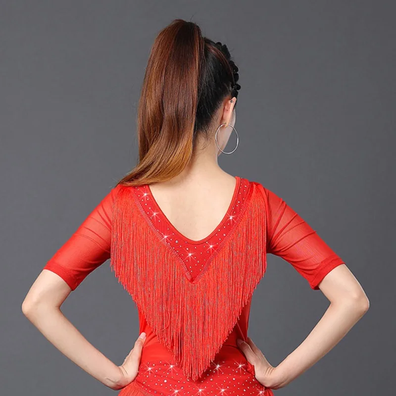 Tenue de danse latine personnalisée pour femmes, haut à manches courtes avec pompon, vêtements indiens pour femmes