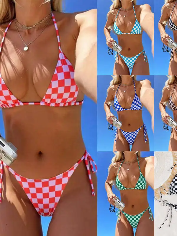 

Модный женский раздельный купальник в клетку 2026 года с бретельками, сексуальный дизайн, идеально подходит для плавания и фитнеса