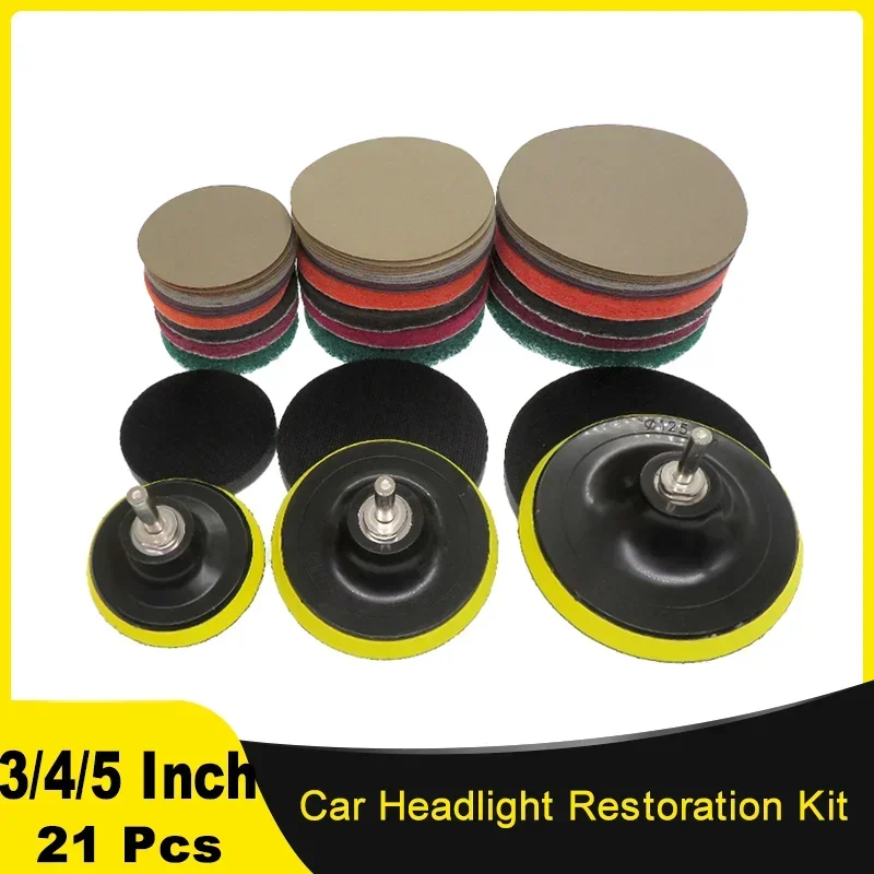 3/4/5 Inch Car Headlight Restoration Kit 21 Pcs with Sanding Backing Pad Mop Drill Adapter Sponge Buffer Pad for Car Polishing
