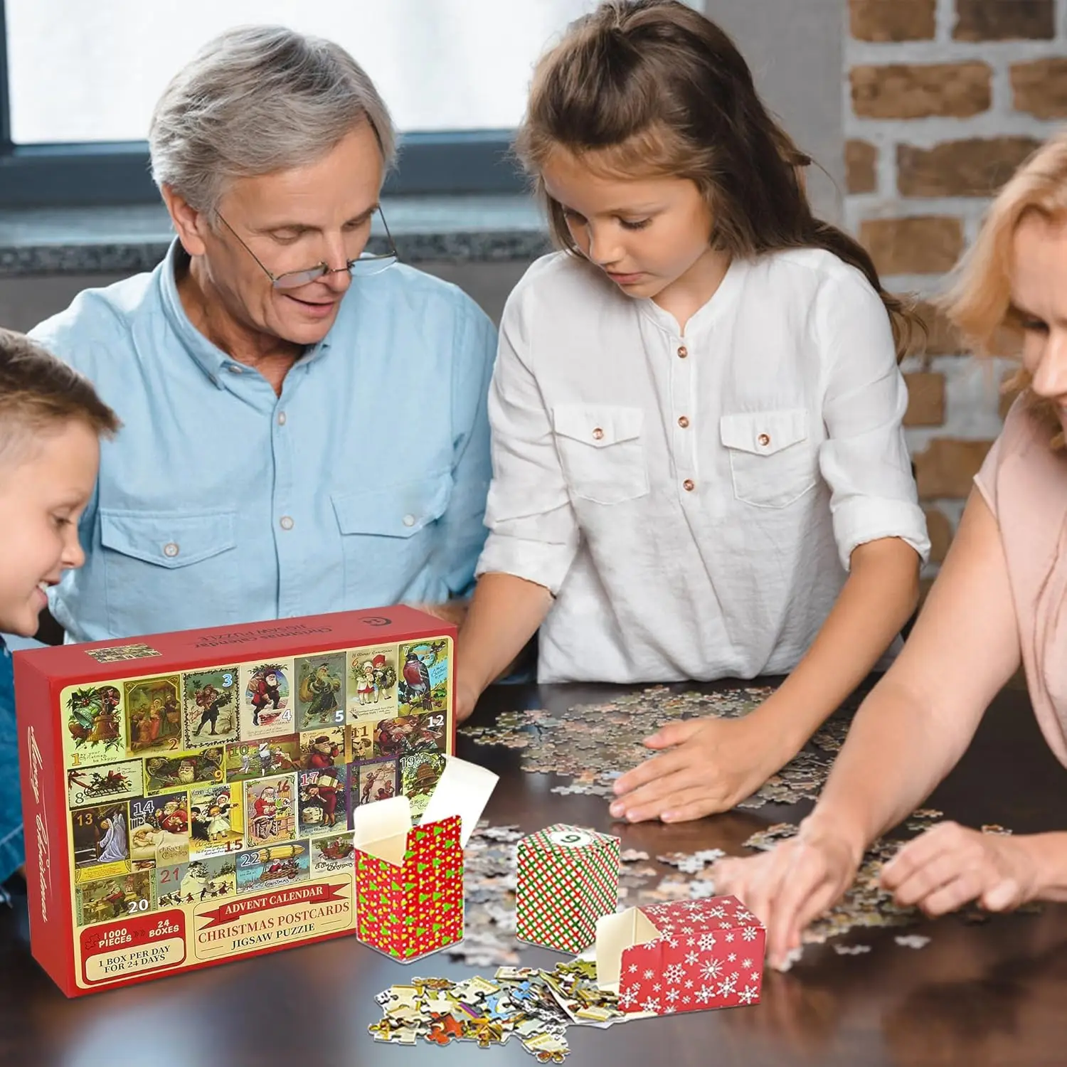 ปฏิทินจุติ 2025 ปริศนาคริสต์มาส - 24 กล่องนับถอยหลังคริสต์มาสสําหรับผู้ใหญ่และเด็ก, เกมครอบครัว 1,000 ชิ้น, Vintage Winter Ho