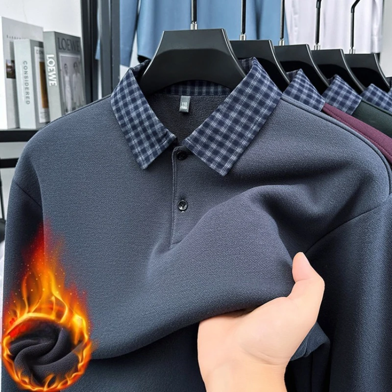 

Мужская рубашка-поло с клетчатым воротником, шерстяная смесь на теплом подкладке, длинный рукав, темно-зеленый, красный, серый ​