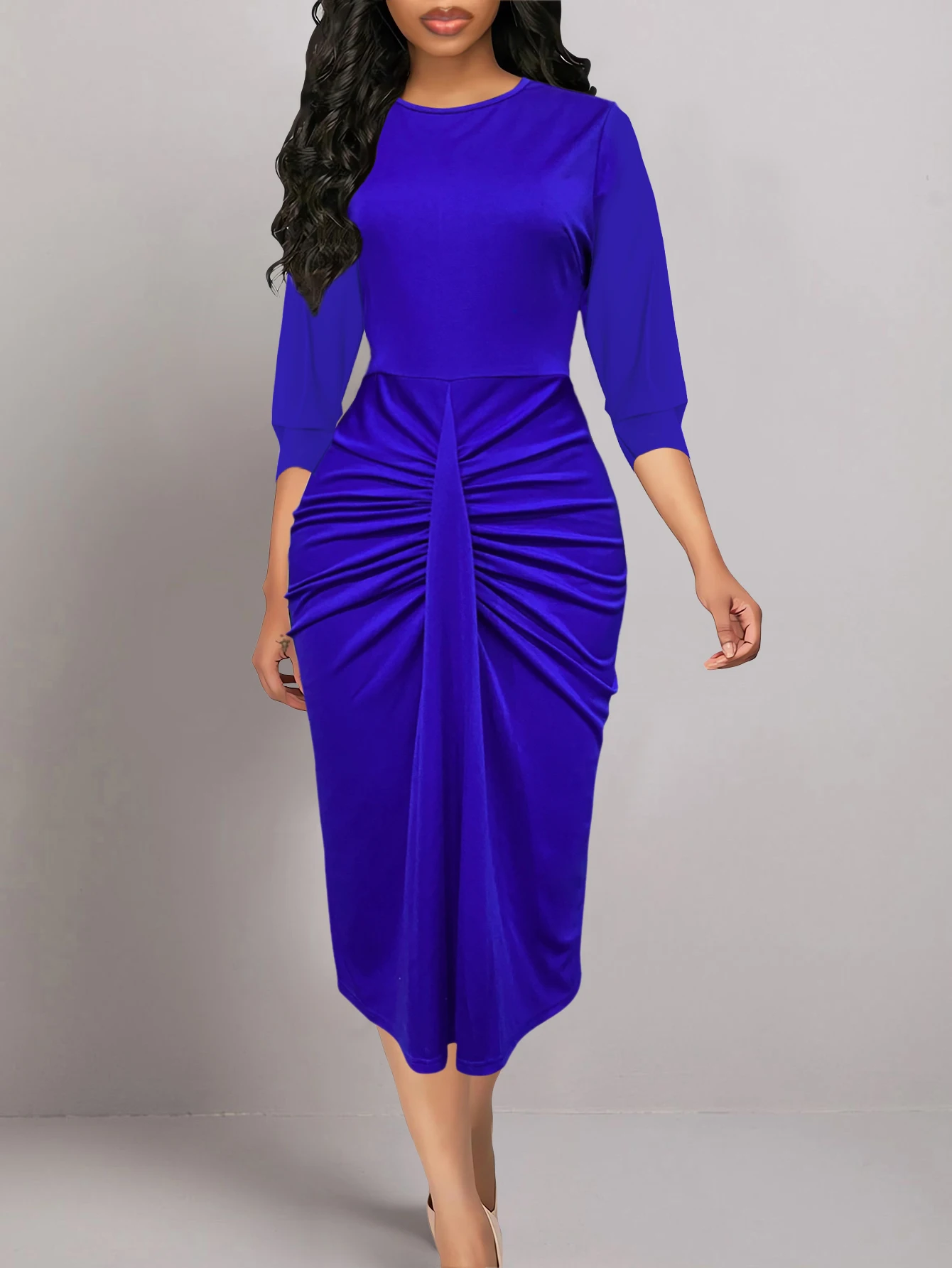 

LW Round Neck Ruched Plain Dress Women Fall Dress Elegant Dress Solid Color Dresses Blue Dress Office Lady Midi Calf Dresses