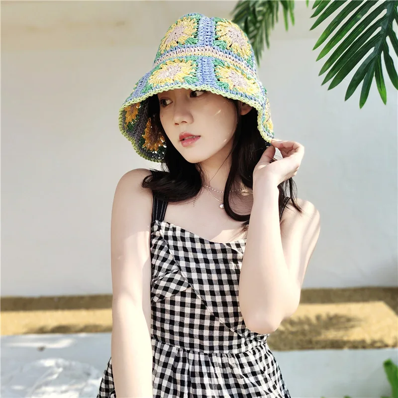 Japan Korea Crochet Sun Hat Women Summer Flowers Pure Hand Woven Straw Beach Hat Sunshade Fisherman Caps Breathable Bucket Hat