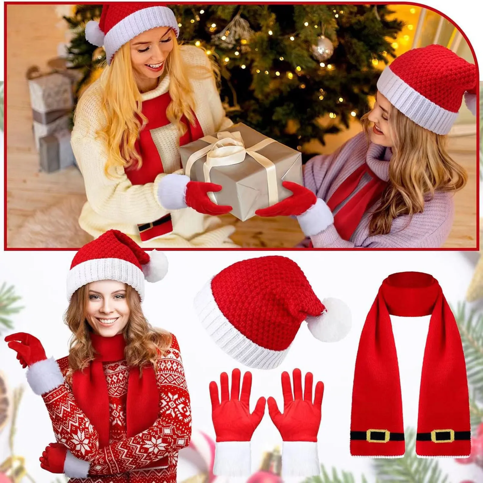 3 pçs chapéu de natal cachecol luvas conjunto para mulheres outono inverno quente gorro chapéu + luvas + cachecol longo conjunto acessórios para clima frio