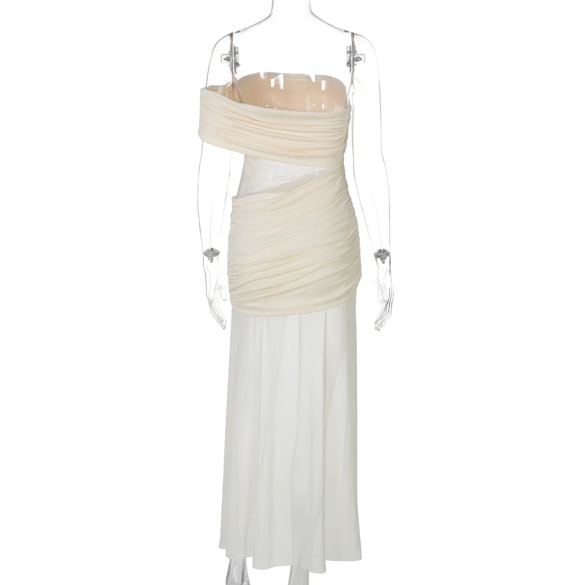 Sexy een schouder pure mesh patchwork ruches bodycon maxi feestjurk dames effen backless slanke zomervakantie strand lang gewaad