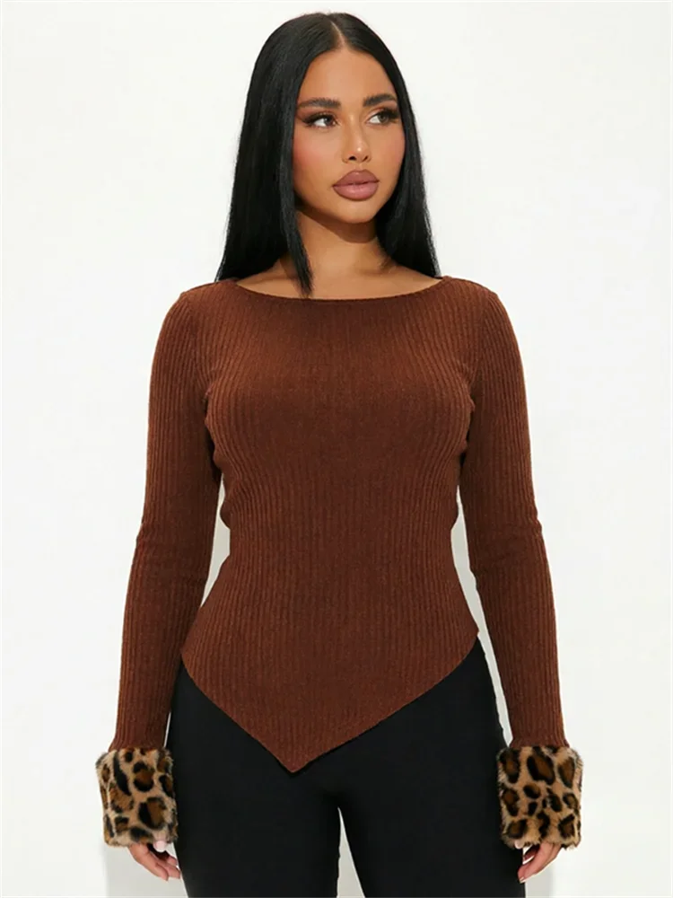 Weird Puss Leisure Comfortable T-Shirts Woman Autumn Trend o-Neck Furry Patchwork Full Sleeve Irregular Hem Simple Style Tees
